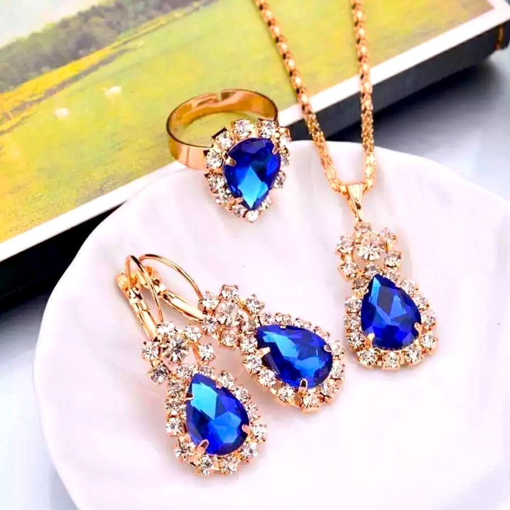 💙 Blue Sapphire Gold Plated Crystal Rhinestones Jewelry Set